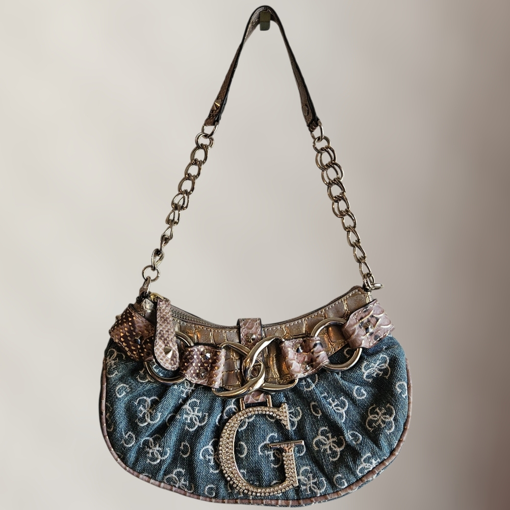 Guess Y2k Blue Denim Snake Skin Shoulder Bag